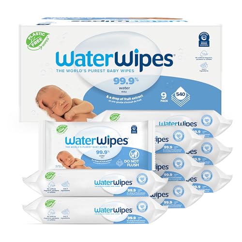 WaterWipes Plastic-Free Original-baby Wipes, 99.9% Water Based Wipes, Unscented & Hypoallergenic for Sensitive Skin, 60 Count (Pack of 9) Total 540 wipes, Packaging May Vary