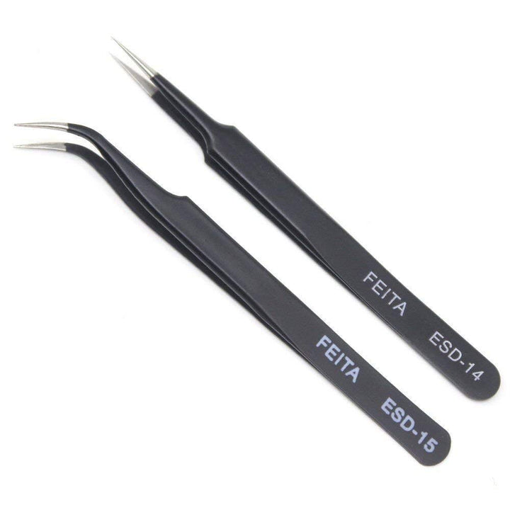 FEITA ESD Stainless Steel Tweezers Set Precision Hand Tools for False Lash,Eyelash Extensions,Nail Art,DIY Repair, Jewelry-making,Hobbies (ESD-14&15 2pcs)