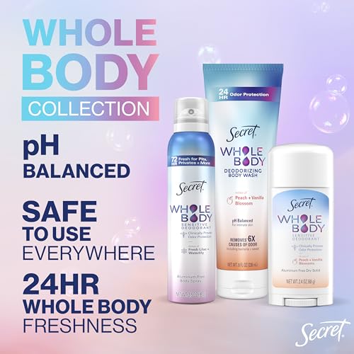 Secret Whole Body Deodorant Spray for Women, Travel Size, Peach & Vanilla Blossom Scent, Aluminum Free Deodorant, 72 HR Odor Protection, 1.0 oz
