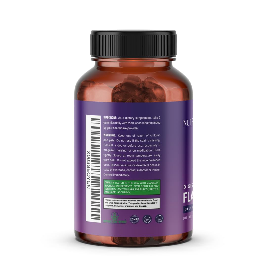 Nutriissa Flaxseed Gummies – Digestive Health & Omega Support – EPEB Certified for Purity & Potency – 60 Blueberry Flavored Vegan Gummies