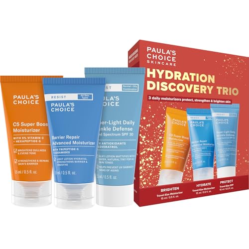 Paula’s Choice Hydration Trio Travel Essentials Mini Kit, Includes C5 5% Vitamin C Moisturizer, RESIST Barrier Repair Lotion and RESIST Wrinkle Defense Matte Tinted Moisturizer SPF 30, Set of 3