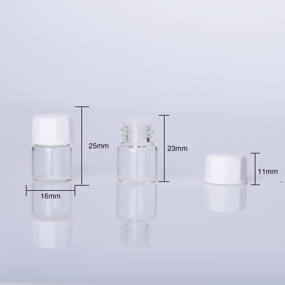 Enslz 100pcs 1/4 Dram (1ml) Small Transparent Glass Cosmetic Essential Oil Perfume Bottle with Orifice Mini Sample Perfume Bottles ContainerWhite Lid