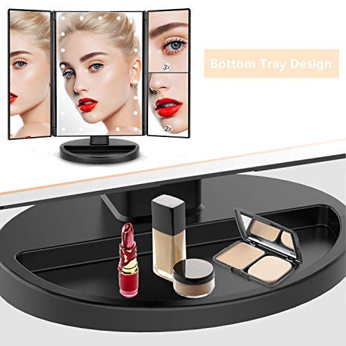 Infitrans 3 Folds Lighted Vanity Makeup Mirror,1X/2X/3X Magnification, 21 LED Light Bright Table Mirror with Touch Screen,180 Adjustable Rotation,Portable Travel Cosmetic Mirror