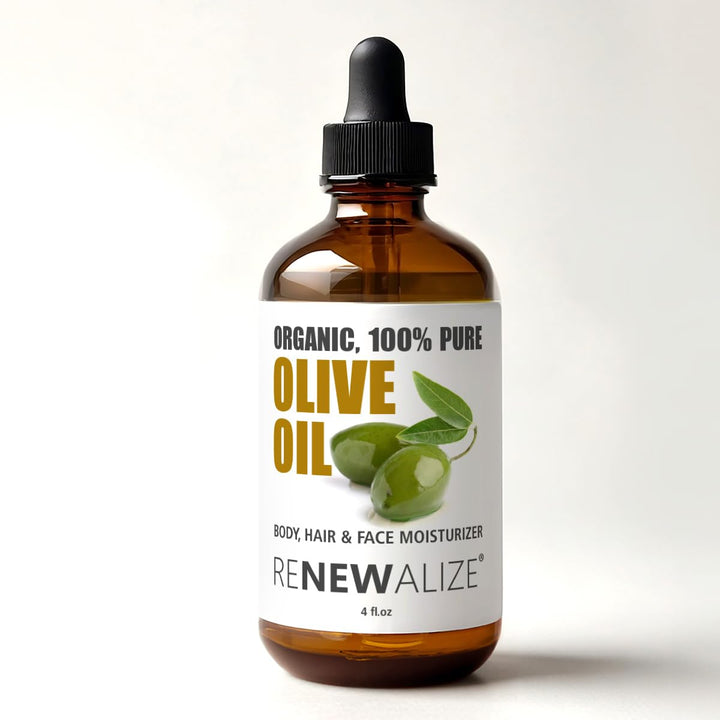 Organic Extra Virgin OLIVE OIL Skin Moisturizer in Convenient Sized 4 oz. Dark Glass Bottle with Glass Eye Dropper | Highest Quality 100% Pure , Unrefined , Cold Pressed Oil