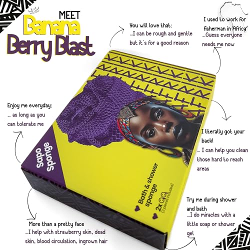 AFRIKI African Net Sponge, African Exfoliating Sponge, Black Owned, Exfoliating Washcloth, Body Exfoliator for Bath and Shower, Back Scrubber, Dead Skin Remover (Yellow, Purple, 1 Count (Pack of 2))