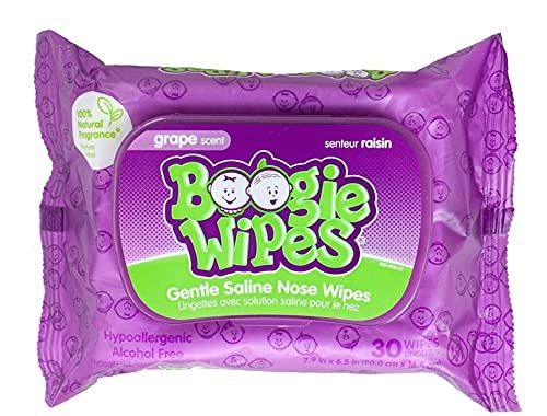 Saline Nose Wipes by Boogie, for Baby & Kids, Face, Hand & Body, FSA/HSA Eligible, Made with Vitamin E, Aloe, and Natural Saline, Grape Scent, 30 Count (Pack of 6)