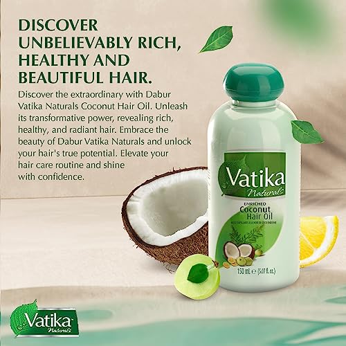 Dabur Vatika Naturals Coconut Hair Oil with Henna, Amla, Lemon & 5 Herbs - Nourish & Strengthen Hair & Scalp for Healthy & Radiant Hair for Kids, Women & Adults - 5.07 Fl Oz (Pack of 1)