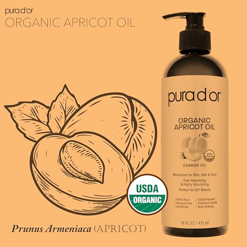 PURA D'OR 16 Oz ORGANIC Apricot Kernel Oil - 100% Pure & Natural USDA Certified Cold Pressed Carrier Oil - Antioxidant & Vitamin E Rich Moisturizer for Natural Glow & Softness - Face, Skin & Hair