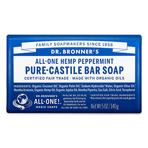 Dr. Bronner's - Pure-Castile Bar Soap (Peppermint, 5 ounce) - Made with Organic Oils, For Face, Body and Hair, Gentle and Moisturizing, Biodegradable, Vegan, Cruelty-free, Non-GMO