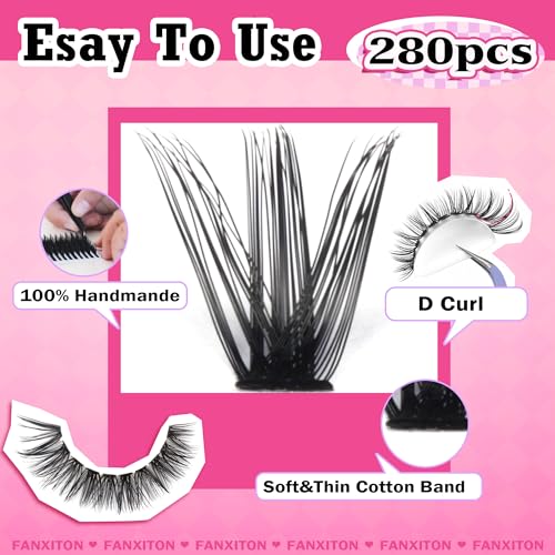 FANXITON DIY Lash Extension Kit - Volume Clusters 40D+50D D Curl Individual Lashes, Thick Eyelash Extension 280 pcs, Thin Band, Bond and Seal, Tweezers