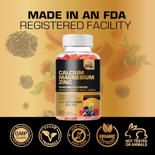 Calcium Magnesium Zinc Supplement Gummies for Kids Toddler & Adults - Enhanced Absorption with Vitamin D3 & K2 - Sugar Free Gluten Free Cal Mag Zinc Vegan Chewable Complex Calcium Gummies