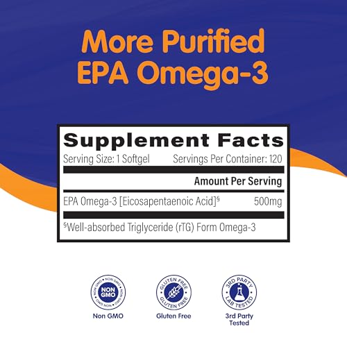 OmegaVia EPA 500, Purified Omega 3 Fish Oil Burpless Softgels, 500 mg EPA in Triglyceride Form, Unflavored Wild Fish Oil Supplements, No Fishy Burps, Non GMO and Gluten Free, IFOS 5-Star, 120 ct
