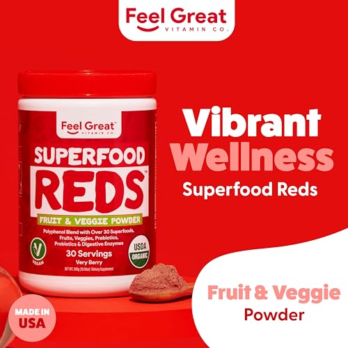 Feel Great Organic Superfood Reds Powder Packed with Beet Root Powder | Digestive Support Including Bloating Relief | Fruit and Veggie Polyphenols Supplement.