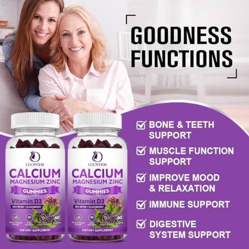 Sugar Free Calcium Magnesium Zinc Gummies with Elderberry and Sea Moss, Calcium Magnesium 2:1, Magnesium Glycinate, Potassium and Vitamin D3 for Bones, Muscles, Calm Mood & Sleep Support, 60 Gummies