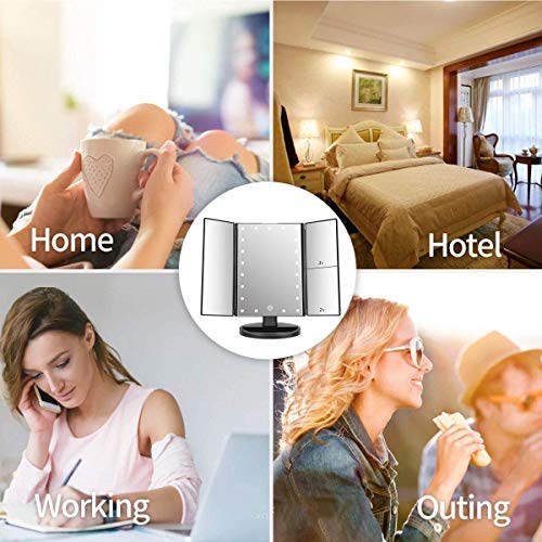 Infitrans 3 Folds Lighted Vanity Makeup Mirror,1X/2X/3X Magnification, 21 LED Light Bright Table Mirror with Touch Screen,180 Adjustable Rotation,Portable Travel Cosmetic Mirror