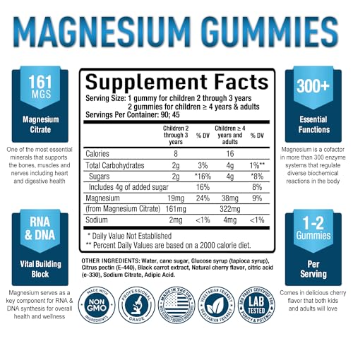 Purely Optimal Premium Magnesium Citrate Gummies for Adults & Kids - Supports Relaxation, Muscle & Nerve Function - Chewable, Non-GMO, Vegan, Gluten-Free - 90 Delicious Gummies