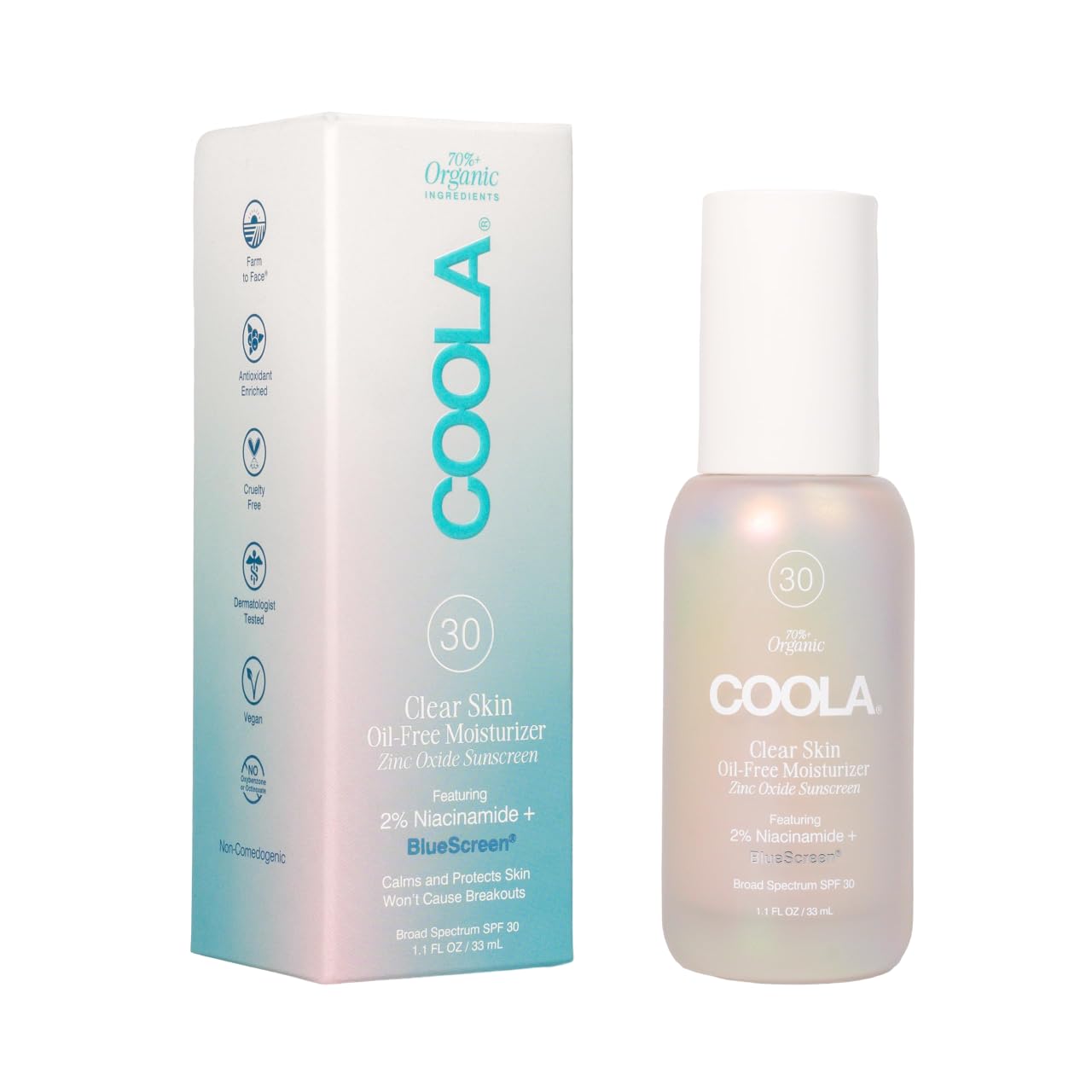 COOLA Clear Skin Oil-Free Moisturizer with SPF 30, Dermatologist Tested Sunscreen with Niacinimide and Centella Asiatica, 1.1 Fl Oz