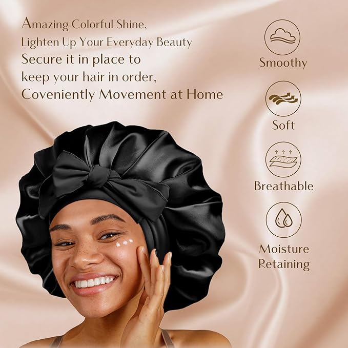 YANIBEST Silk Bonnet for Sleeping Women Adjustable Double Layer Satin Bonnet Reduce Friction Prevent Frizz Natural Curly Hair, Black