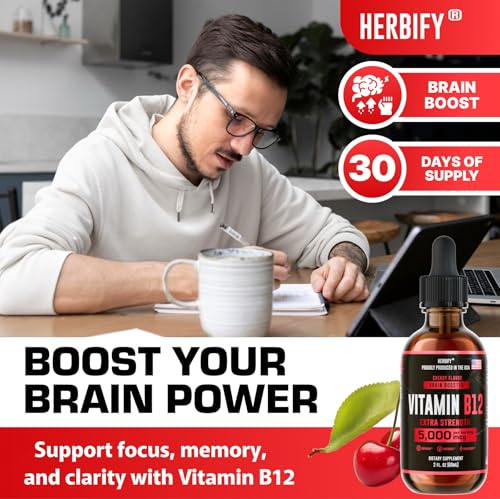 HERBIFY Vitamin B12 Methylated Multivitamin Energy Supplements for Women & Men - Liquid B12 Vitamins 5000 Mcg Methylcobalamin - Energy Support and Immune Health Liquid Vitamin 2 Oz