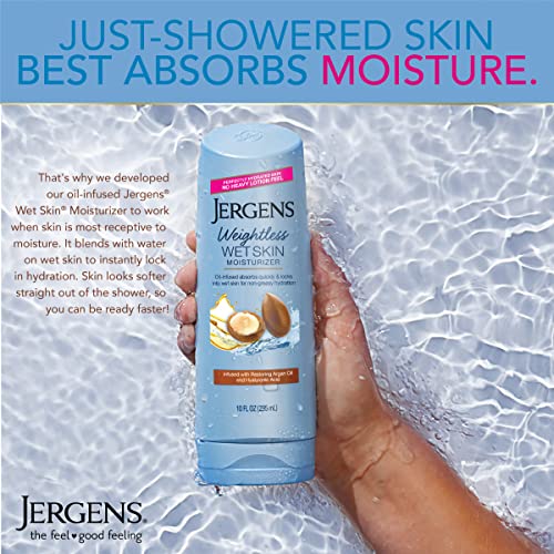 Jergens Wet Skin Body Moisturizer with Restoring Argan Oil, 10 Ounces, 4X Healthier Looking Skin, Fast-Absorbing, Non-Greasy, Dermatologist Tested (Pack of 4) (Packaging May Vary)