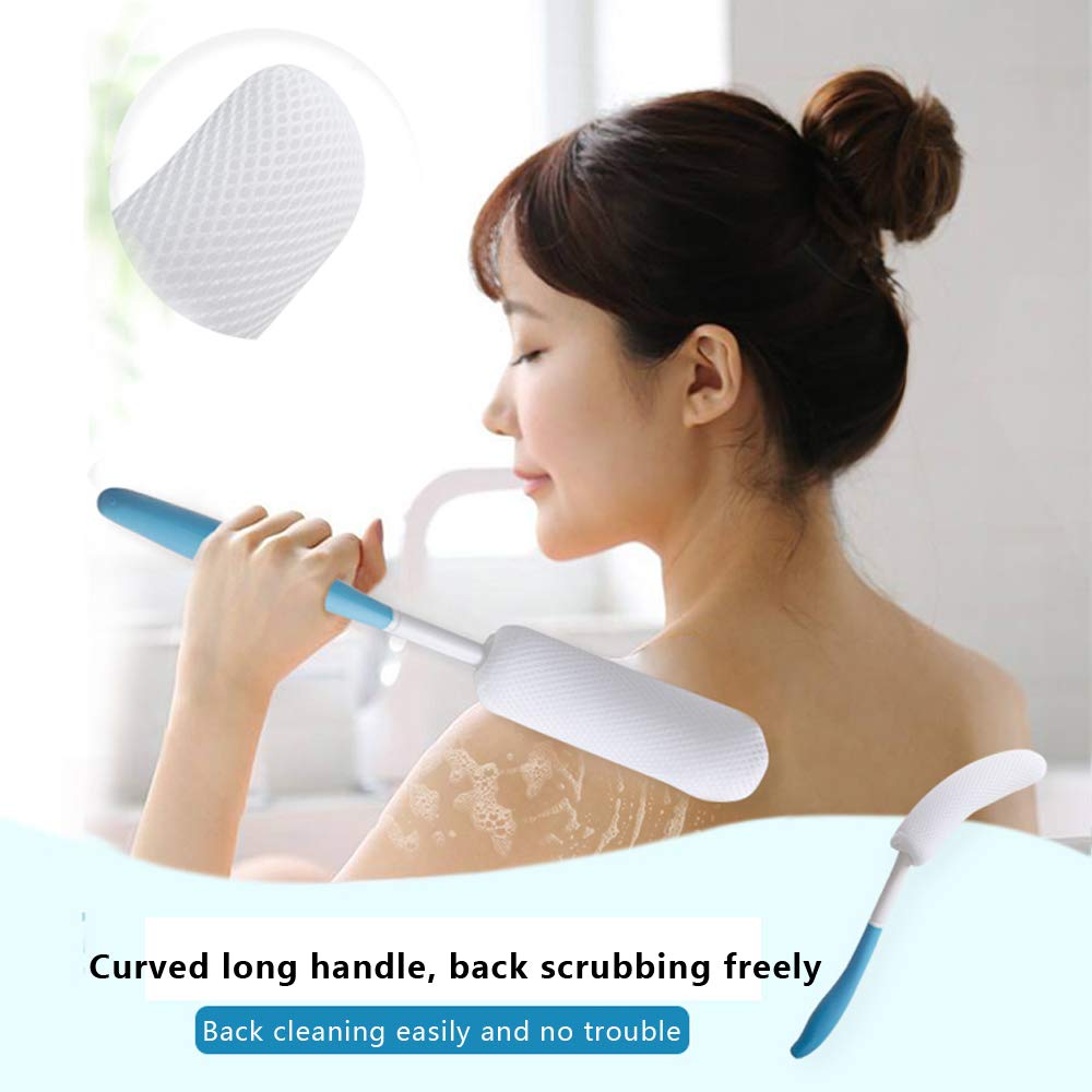 MagiDeal Vinyl Quote Me Long Anti-Slip Curve Handled Bath Body Brush, Easy Reach for Seniors, Suitable for Elderly/Pregnant Aid Bathing & Shower, Blue, 15.35