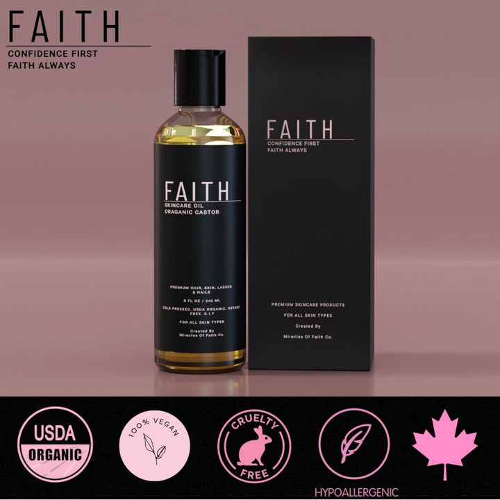 Faith Co. USDA Castor Oil Organic Cold Pressed Hexane Free For Hair, Body & Face - 100% Pure - Healthy Hair, Lashes, Brows - Vegan, Hair & Eyelash Serum Oil 240ml