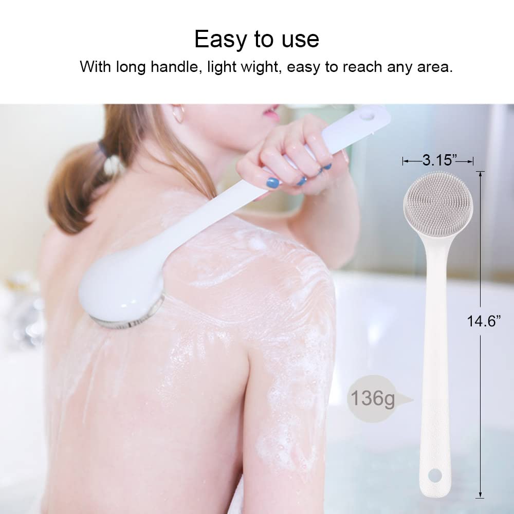 Silicone Back Scrubber for Shower, Back Washer Brush Long Handle with Soft Bristles, Bath Body Shower Exfoliator Brush for Men and Women, BPA Free, Non-Slip (Grey)
