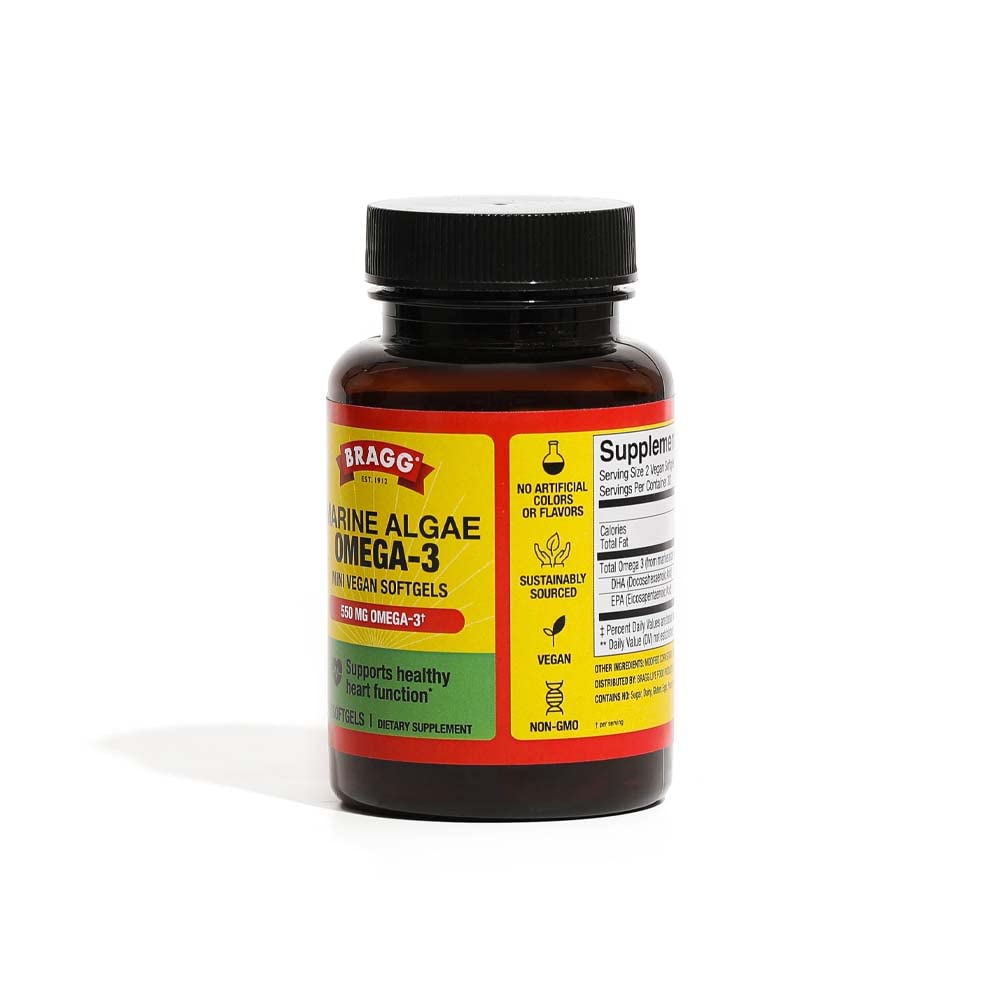 Bragg Marine Algae Vegan Omega-3 Supplement with EPD and DHA Fatty Acids - 60 Softgels - Supports Healthy Heart Function
