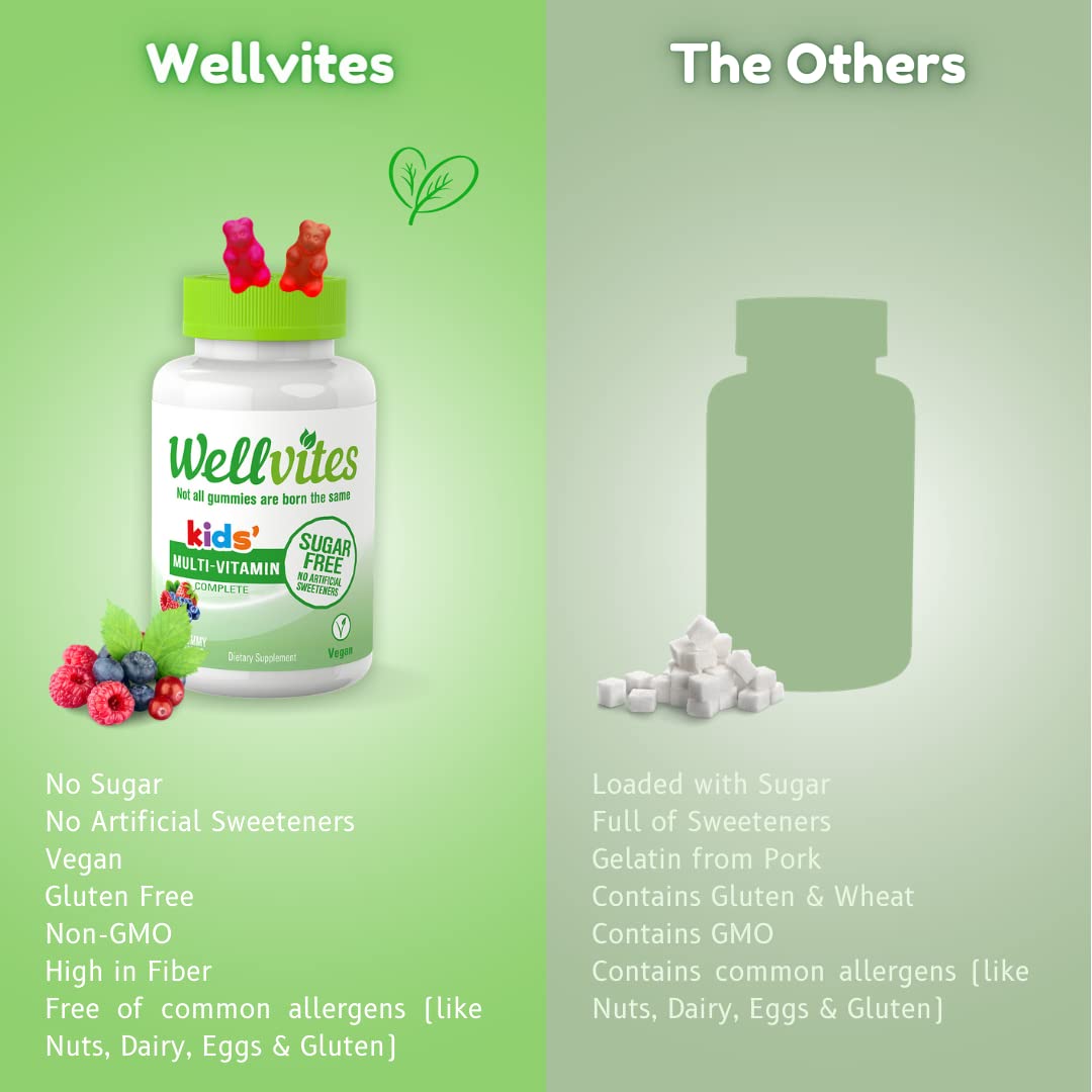 Wellvites Kids Multivitamin Gummies - Sugar Free, Vegan, Non-GMO, Vitamin A, D, B6, B12 and C - No Artificial Sweeteners, Gluten-Free, Gelatin-Free - 60 Count (30 Day Supply)