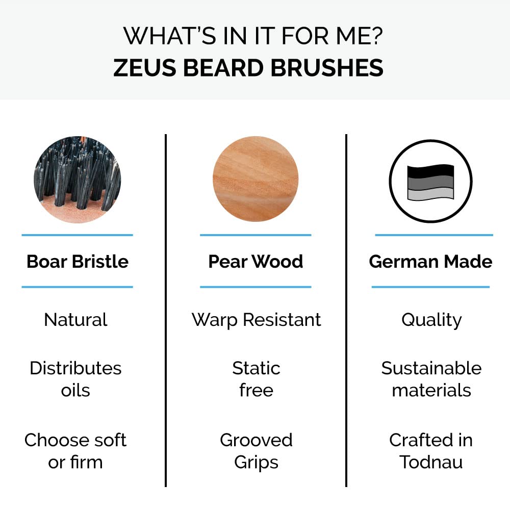 Zeus Pear Wood 100% Boar Bristle - Medium Beard Brush with Handle - Made in Germany