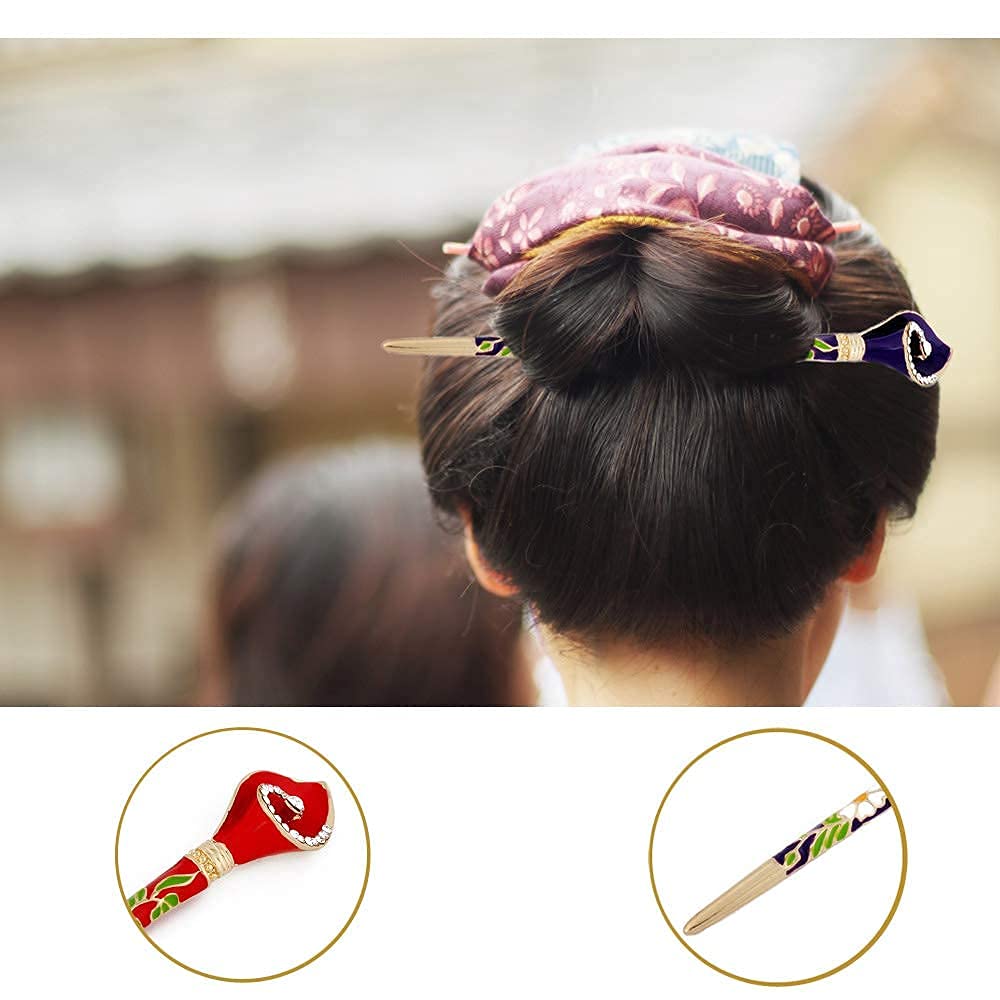 Ximimark Chinese Ethnic Landscape Hair Pin Hair Chopsticks Metal Rhinestone Handmade Hair Stick Hair Clip 2Pcs(Blue&Green)