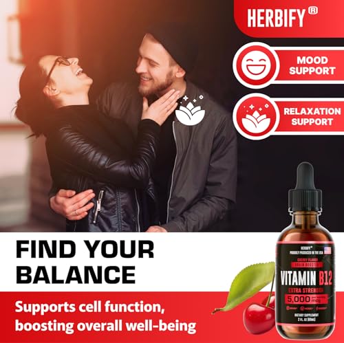HERBIFY Vitamin B12 Methylated Multivitamin Energy Supplements for Women & Men - Liquid B12 Vitamins 5000 Mcg Methylcobalamin - Energy Support and Immune Health Liquid Vitamin 2 Oz