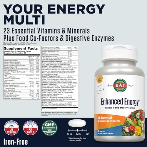 KAL Enhanced Energy Supplements, Once Daily Whole Food Multivitamin for Women and Men, Iron Free, 23 Essential Vitamins, Minerals, Super Foods, Digestive Enzymes, 60-Day Guarantee, 60 Serv, 60 VegTabs