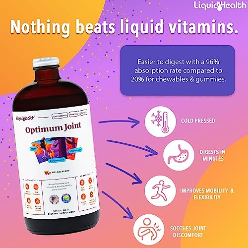 LIQUIDHEALTH Optimum Joint Support Liquid Multivitamin with Glucosamine, Chondroitin, MSM, Hyaluronic Acid - Increase Mobility, Joint Comfort, for Runners & Athletes, Sugar-Free, Vegan (2 Pack)