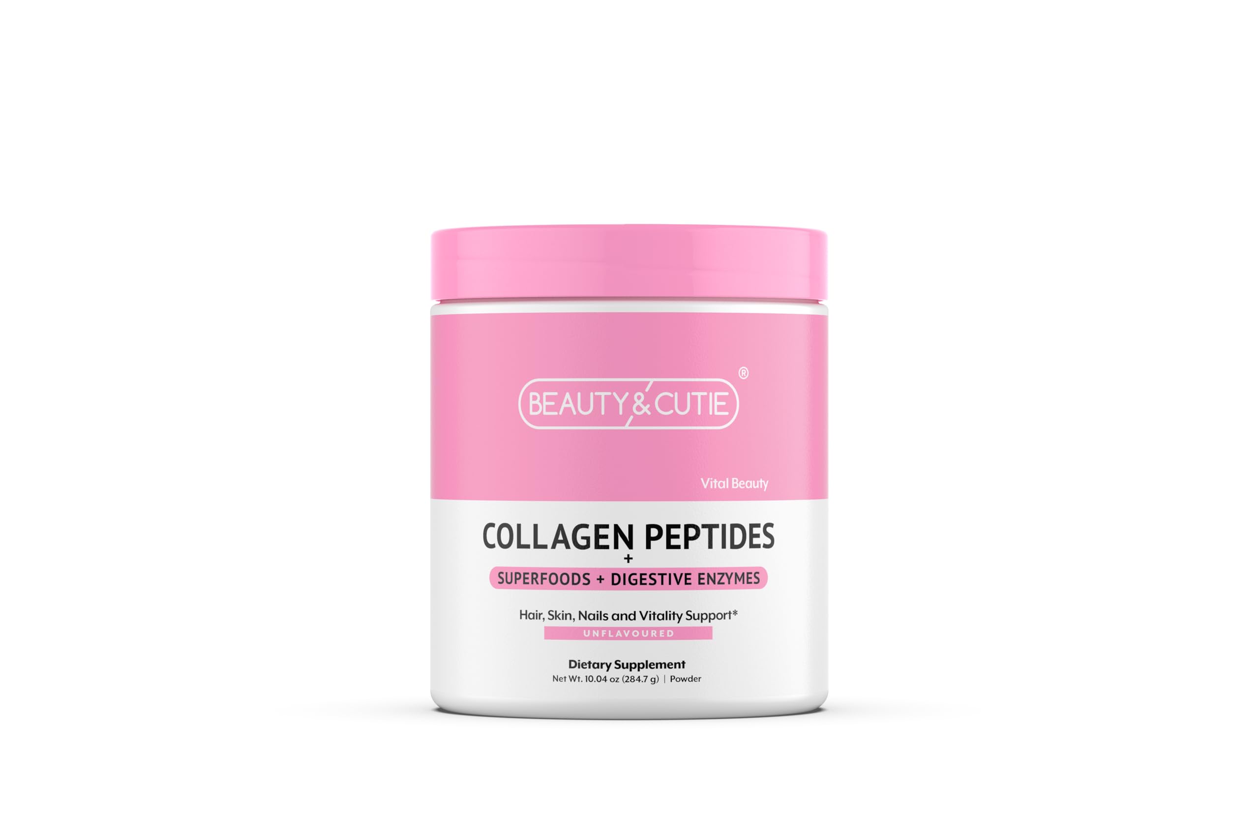 BEAUTY AND CUTIE Collagen Peptides with Superfoods and Digestive Enzymes, Powder, Grass Fed, Pasture Raised, for Hair, Skin, Nails, and Immune System Support, Unflavored, Gluten Free,10.04 oz