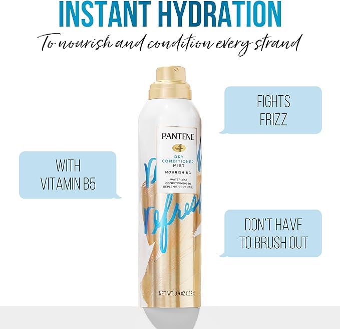Pantene Dry Conditioner Mist Spray for Hair, 3.9oz, Blue - Instant Hydration and Frizz Control with Vitamin B5, Safe for Color Treated Hair, Pro-V Refresh