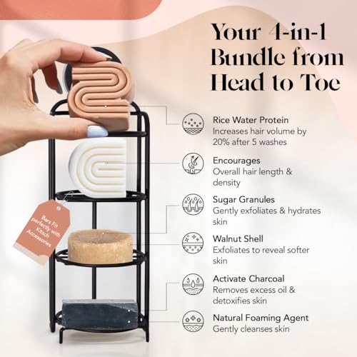 Kitsch 4pc Set - Rice Water Shampoo & Conditioner Bar, Charcoal Body Soap & Sugar Scrub Bar, Solid Bars with Castor Oil & Coconut Oil, Vegan, Paraben-Free, Hair & Body Care