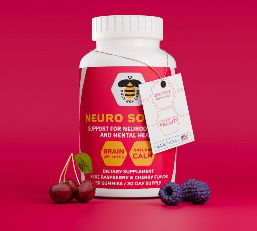 Neuro Soothe, Support for Neurodiversity and Mental Health, Helps with Brain Wellness and Natural Calm, Blue Rasberry and Cherry Flavor 90 Gummies, 30 Day Supply