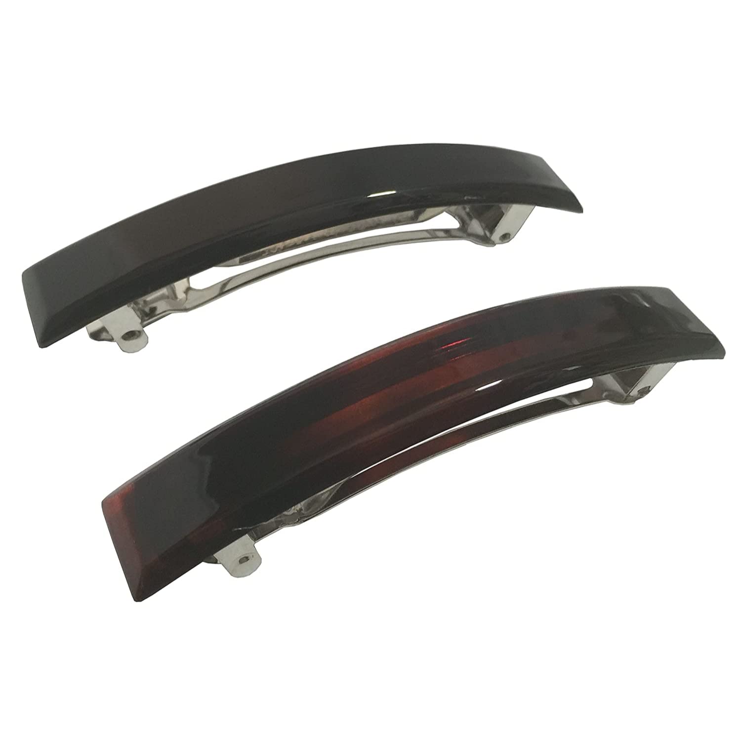 Parcelona French Large Bar Set of 2 Black N Shell Brown Celluloid Automatic Hair Clip Barrette