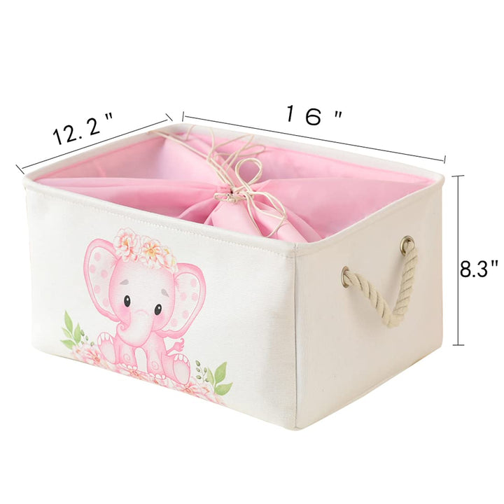 INough Pink Basket, Babies Toy Box, Baby Shower Storage Boxes Cute Pink Laundry Basket, Collapsible Book Storage Basket Elephant Decoration for Kidsroom Nursery Room Play Room (Large, Pink Elephant)