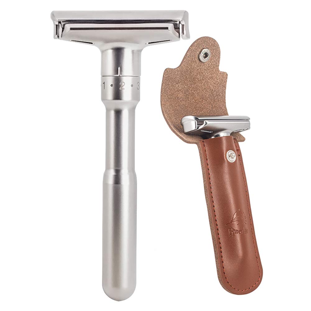 Safety Shaving Razor Set, River Lake RZ700 Long Handle Stainless Adjustable Double Edge Classic.