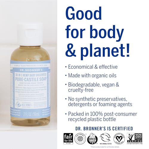 Dr. Bronner's - Pure-Castile Liquid Soap (Baby Unscented, 2 ounce, 2-Pack) - Made with Organic Oils, 18-in-1 Uses: Face, Body, Hair, Laundry, Pets and Dishes, Concentrated, Vegan, Non-GMO