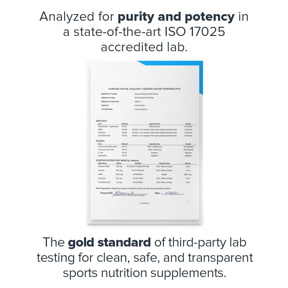 LEGION Forge Fasted Fat Burner - Thermogenic Fat Burner, Target Stomach Fat and Trim Belly Fat with Yohimbe, HMB Supplement, Choline. All Natural, 45 Servings.…, 180 Count (Pack of 1)
