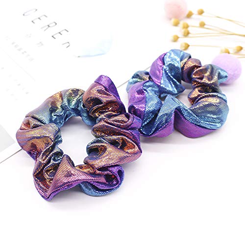MANDI HOME 4 Pcs Bright Metallic Hair Scrunchies Hair Holder Bobbles Elastics Ponytail Holders Hair Wrist Ties Bands Cloth Scrunchies For Show Gym Dance Party Club Girl (Purple)