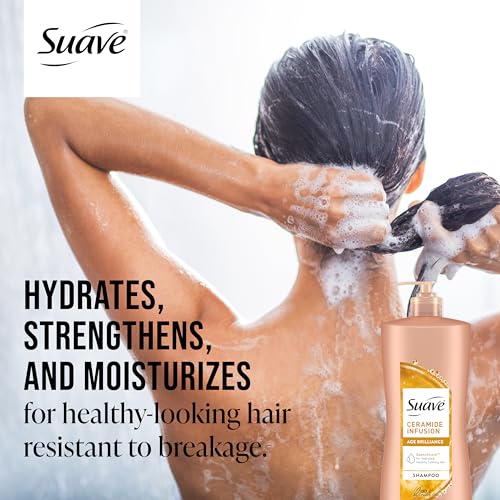 Suave Ceramide Age Brilliance Shampoo, moisturizing and strengthening pH balanced shampoo for women, anti-frizz hair products, anti-breakage treatment, 28 Oz (Pack of 4)