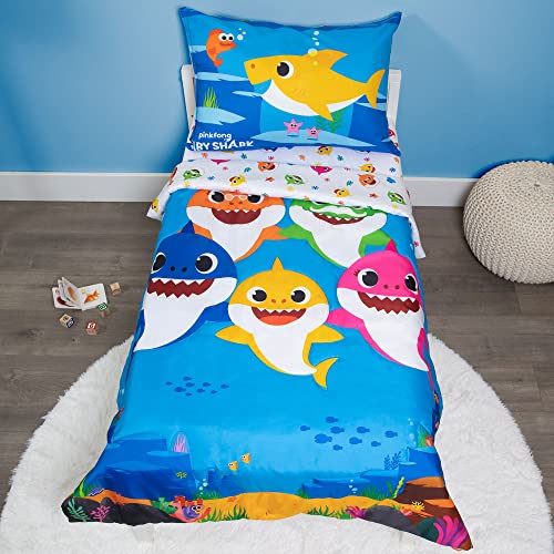 Baby Shark 4-Piece Toddler Bed Set including Super Soft Matching Sheets Set, Pillowcase, and Reversable Comforter For Boys and Girls - (Offical Product)