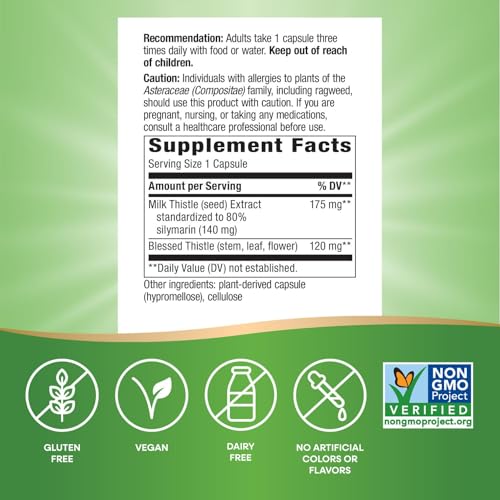 Nature's Way Milk Thistle, Supports Liver Function & Detox Pathways*, 175 mg Milk Thistle Seed Extract Standardized to 80% Silymarin per Serving, Vegan, 120 Capsules (Packaging May Vary)
