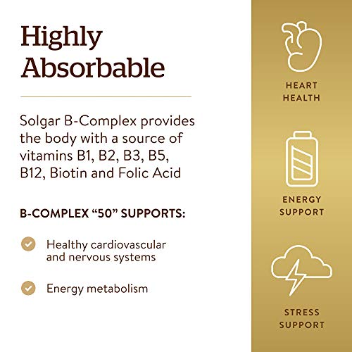 Solgar B-Complex “50”, 250 Vegetable Capsules - Energy Metabolism, Cardiovascular Support, Nervous System Support - Non-GMO, Vegan, Gluten Free, Dairy Free, Kosher - 250 Servings