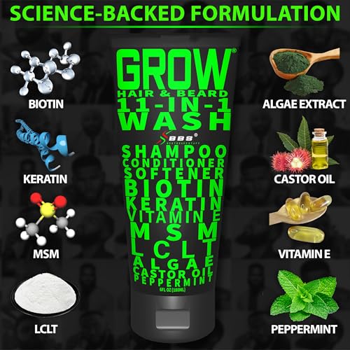 GROW Hair & Beard 11-in-1 Wash: Shampoo, Conditioner Softener, Biotin, Castor Oil, Peppermint Essential Oil, Vitamin E, MSM, Keratin, Algae, LCLT - Supports Healthy Growth - Vegan - BBS USA Product