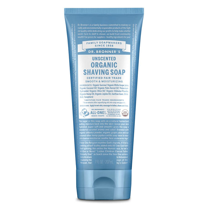 Dr. Bronner's - Organic Shaving Soap (Unscented, 7 Ounce) - Certified Organic, Sugar and Shikakai Powder, Soothes and Moisturizes for Close Comfortable Shave, Use on Face, Underarms and Legs